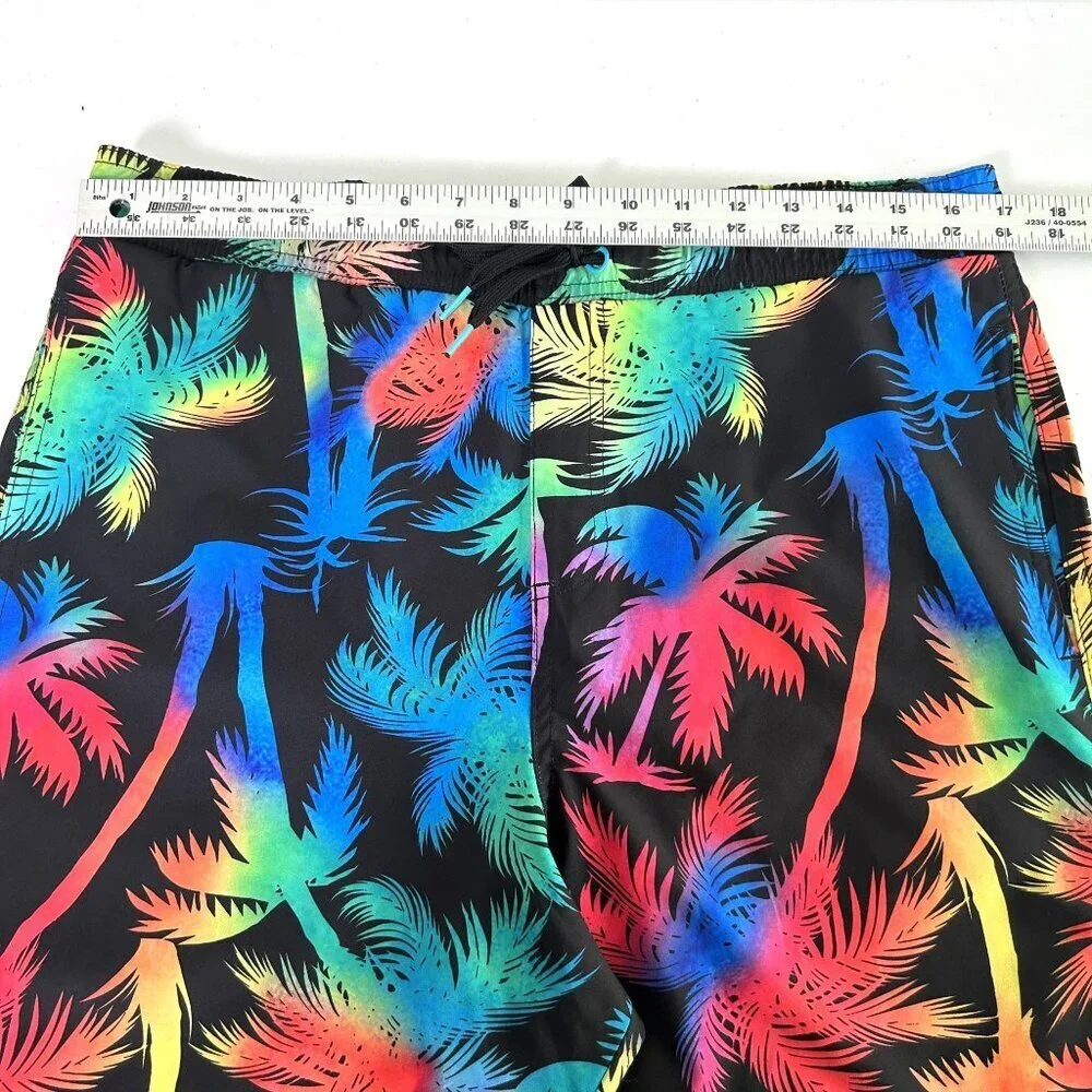 Surf Society Swim Trunks Shorts Mens Size L Black Neon Ombre Palm Floral Pockets
